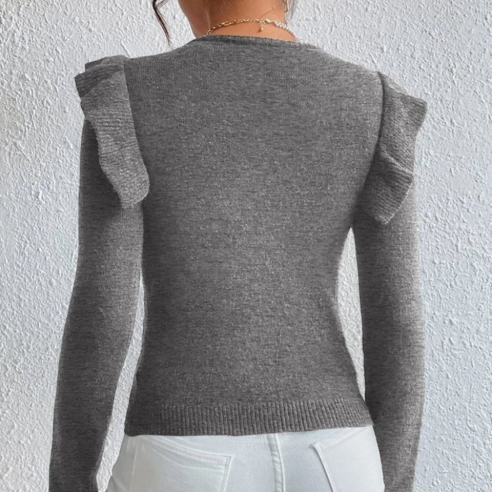 Pearl Beaded Ruffle Trim Sweater top gray - Picture 3 of 5